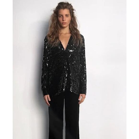 Zara‎ V Neck Collared Flowy Long Sleeve Sequined Top Black Size Medium - Picture 2 of 11
